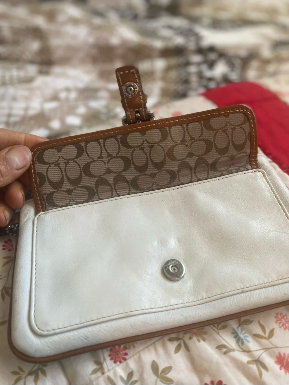 VINTAGE COACH Cream and Brown Leather Wallet with Buckle Accent & Wrist Strap